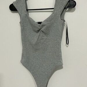 FOREVER 21 Heather Grey Off The Shoulder Twist Front Bodysuit
